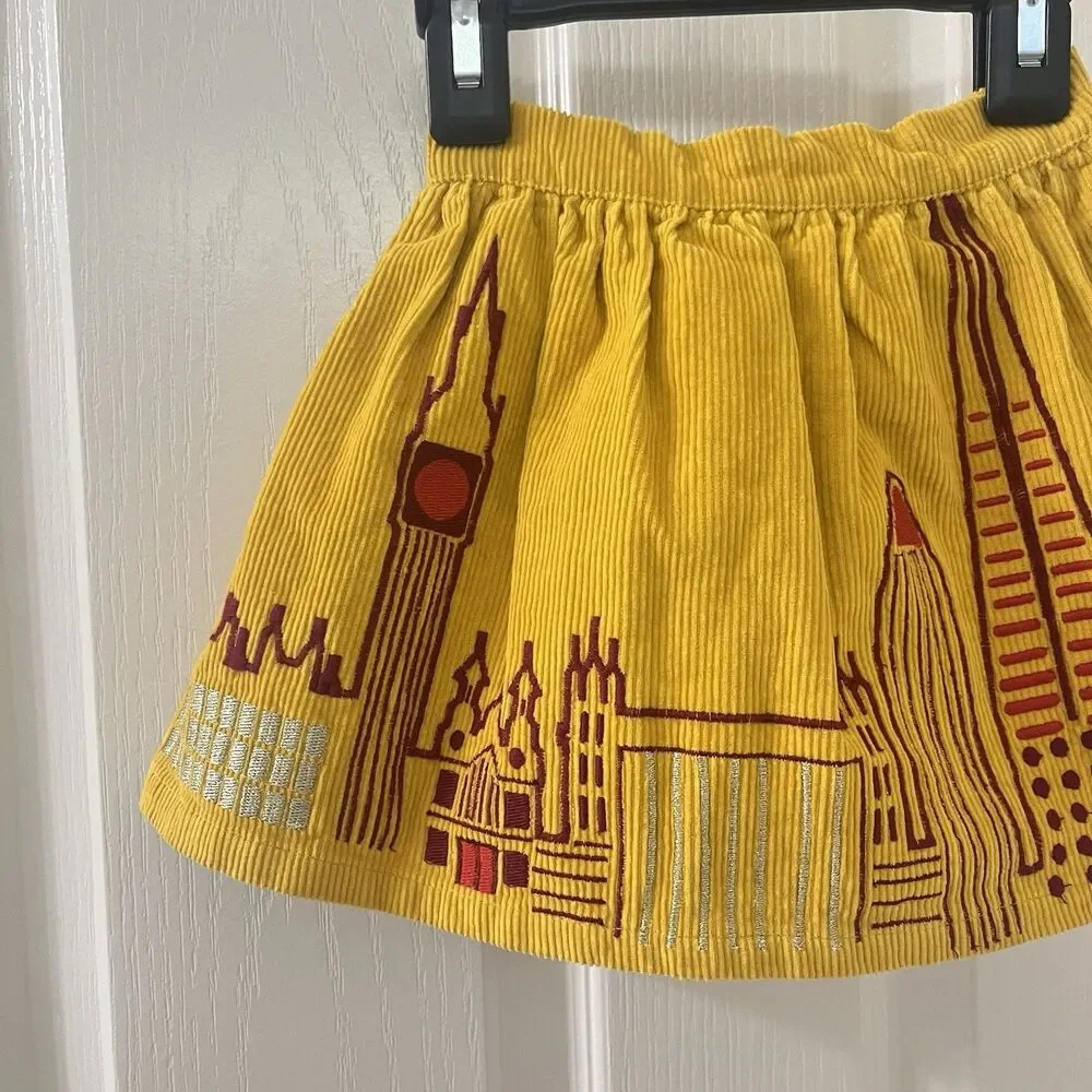 Piccolina Embroidered London Skyline Corduroy Skirt Yellow Girls Size 2T